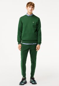 Grön sweatshirt och matchande byxor i en bomullsblandning, med rundad hals och broderad logotyp. Stylad med en blå rutig skjorta under.