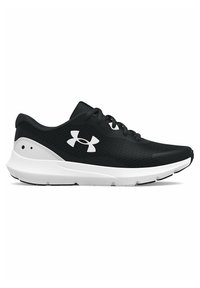 Chaussure de sport noire avec une tige en mesh, semelle intermédiaire blanche contrastante, col rembourré et lacets. Présente un logo reconnaissable sur le côté.