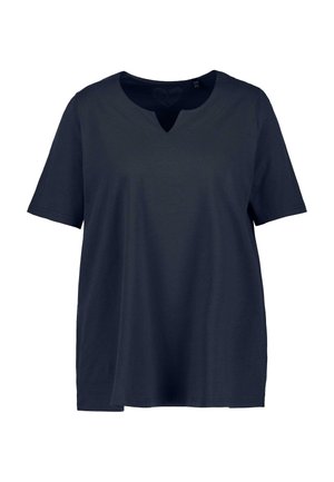 Marineblauwe T-shirt met korte mouwen en v-hals, met een subtiele uitsnijding. Gemaakt van zachte stof, met een relaxte pasvorm en rechte zoom.