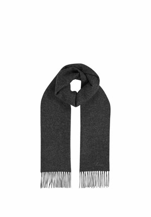 Sciarpa di lana grigio scuro con estremità frangiate, piegata a forma di anello su uno sfondo bianco.