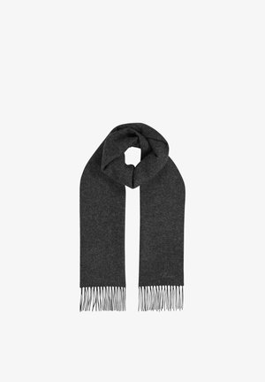 Ciemnoszary wełniany szalik z frędzlami na końcach, złożony w pętlę na białym tle.