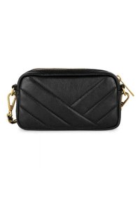 Borsa nera in pelle trapuntata con forma rettangolare, hardware dorato e chiusura con zip. Presenta un motivo di cucitura diagonale. Inclusa una tracolla regolabile.