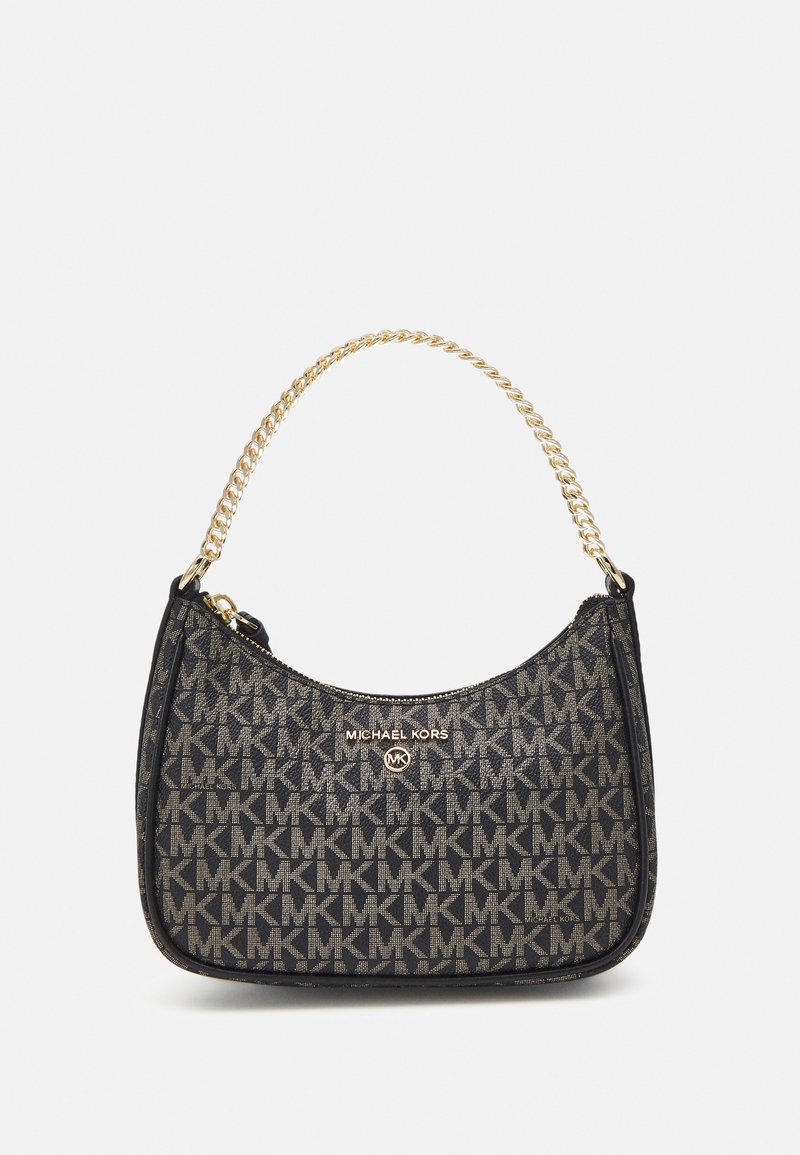 Sac à main Michael Kors noir et marron avec motif répétitif du logo MK, texte doré "Michael Kors", emblème MK circulaire et bandoulière chaîne dorée.