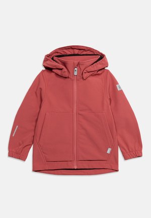 Giacca con cappuccio per bambini di colore rosa polvere, con cerniera frontale, due tasche anteriori, polsini elasticizzati e dettagli riflettenti sulla manica e sul braccio.