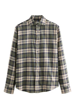 Košeľa s dlhým rukávom na gombíky, so vzorom káro v zelenej, námorníckej a krémovej farbe, s špicatým golierom a manžetami na gombíky.