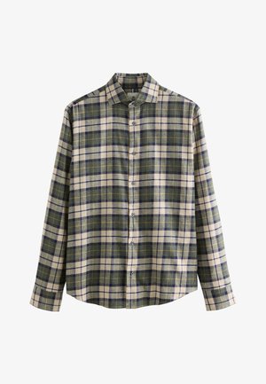 Košeľa s dlhým rukávom na gombíky, so vzorom káro v zelenej, námorníckej a krémovej farbe, s špicatým golierom a manžetami na gombíky.