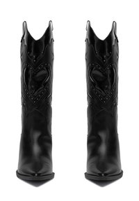 Czarne skórzane, wysokie do kolan botki z ostrymi noskami, sercowymi wycięciami i gwiezdnymi akcentami, o gładkiej fakturze i eleganckim designie.