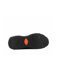 Semelle de chaussure en caoutchouc noir avec des motifs de semelle profonde, présentant un accent hexagonal central orange et plusieurs textures en relief pour l'adhérence.