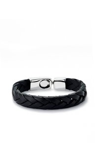 Pulsera de cuero trenzado negro con cierre magnético de tono plateado. Presenta una textura suave y un adorno circular cerca del cierre.