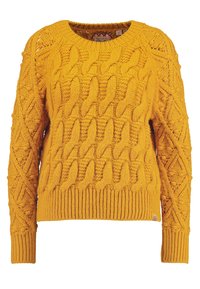 Gul stickad tröja med en texturerad kabelmönster, rund halsringning, ribbade ärmslut och nederkant med synlig sömdetalj.