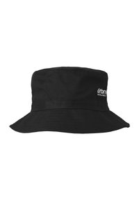 Black bucket hat made of fabric, featuring a wide, downward-sloping brim and a stitched band around the crown. Includes logo detail on the side.