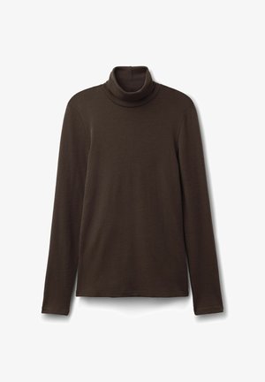 Brauner Rollkragenpullover aus weichem Material, mit langen Ärmeln und einer figurbetonten Passform, die eine glatte Textur aufweist und keine sichtbaren Verzierungen hat.