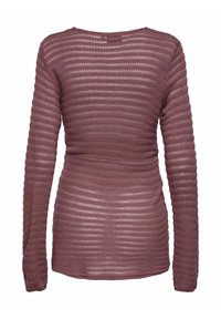 Haut à manches longues et ajusté de couleur mauve douce. Présente un motif tricoté rayé et un col arrondi, fabriqué en matériau léger et texturé.