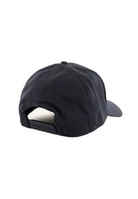 Gorra negra con visera curva y cierre ajustable tipo snapback. Cuenta con ojales de ventilación y tejido suave y texturizado.