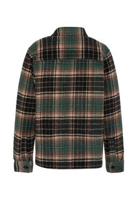 Rude flannel-skjorte i grøn, sort og brun. Har krave og knappede manchetter. Blød tekstur, bagtil vises ternet mønster.