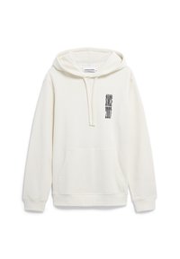 Felpa bianca con cappuccio realizzata in tessuto morbido, con tasca a marsupio frontale e un design grafico nero sul petto sinistro.