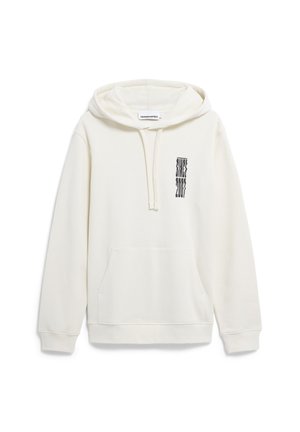 Weißer Kapuzenpullover aus weichem Stoff, mit einer Kängurutasche an der Vorderseite und einem schwarzen grafischen Design auf der linken Brust.