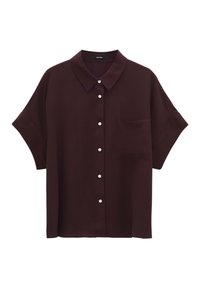 Burgundy short-sleeve shirt made of smooth fabric, featuring a traditional collar, white buttons, and a single chest pocket.