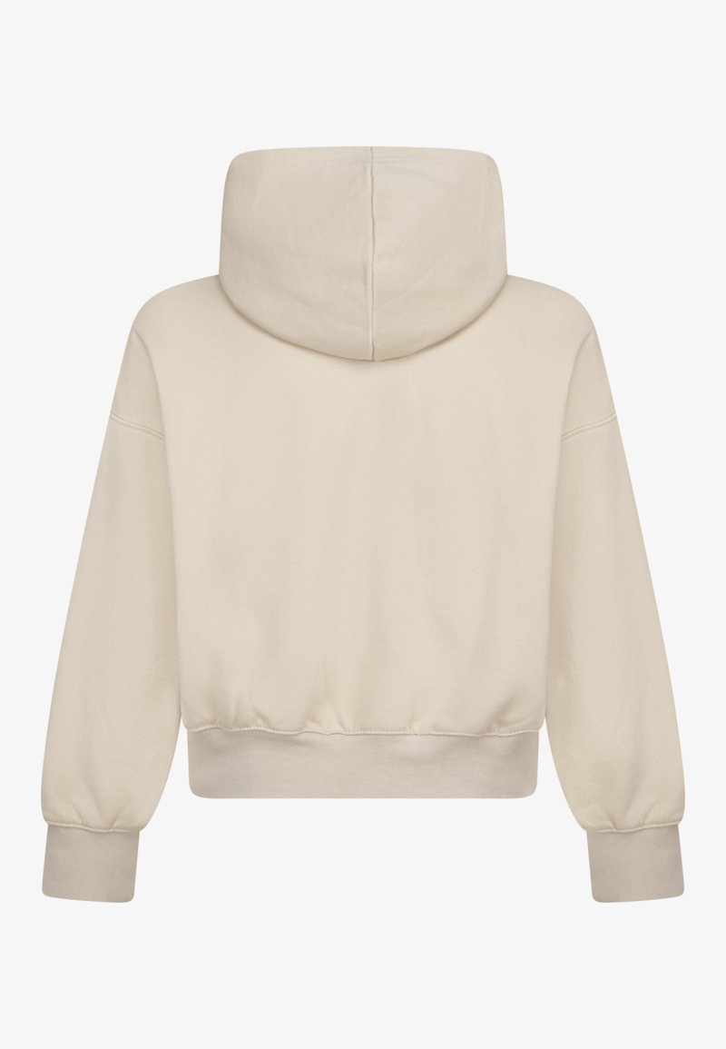 Jasno beżowa krótka hoodie z kapturem, szerokimi rękawami i ściągaczami. Wykonana z miękkiego materiału o gładkiej fakturze. Bez widocznych logo.