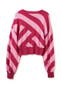 Rosa und dunkelrote Crop-Top mit diagonalen Streifen. Strickstruktur und Ballonärmel. Gerippter Saum und Bündchen. Einfache, moderne Gestaltung.