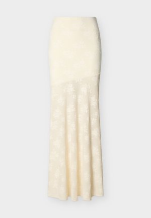Cremefarbener, knöchellanger Rock mit hoher Taille und dezentem, floralen Strukturmuster im gesamten Stoff.