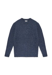 Pullover lavorato a maglia di colore blu scuro, con scollo a girocollo, maniche lunghe e polsini a coste. Tessuto testurizzato con un motivo a chiazzato.