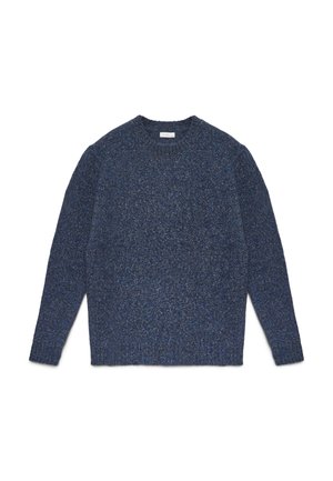 Pull-over tricoté en bleu foncé, avec un col rond, des manches longues et des poignets côtelés. Tissu texturé avec un motif moucheté.