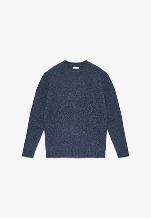 Dunkelblauer Strickpullover mit Rundhalsausschnitt, langen Ärmeln und gerippten Bündchen. Strukturierter Stoff mit gepunktetem Muster.