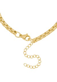 Collier en métal doré avec une chaîne comportant des maillons plats entrelacés et un fermoir à homard, accompagné d'une chaîne d'extension et de maillons ronds.