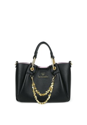 Borsa a mano in pelle nera texturizzata con dettaglio catena color oro e doppi manici, con marchio "braccialini" sul davanti.