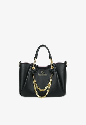 Borsa a mano in pelle nera texturizzata con dettaglio catena color oro e doppi manici, con marchio "braccialini" sul davanti.