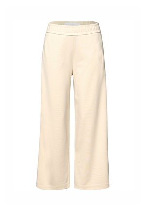 Pantalon beige crème à jambes larges avec ceinture élastique, en tissu doux, présenté sur fond blanc.