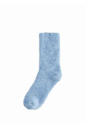 Light blue, soft wool sock with a ribbed texture, mid-calf length, featuring a rounded toe and compact fit.