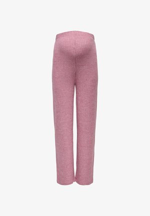 Rosa gerippte Umstandshosen mit elastischem Bund, die locker sitzen und ein gerades Bein-Design aufweisen. Weicher Stoff mit dezenter Textur.