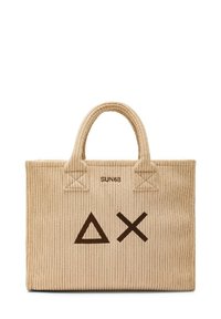 Borsa a tracolla in corduroy beige con due manici testurizzati, caratterizzata da un logo geometrico marrone e la scritta "SUN68" stampata sopra.