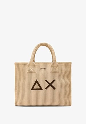 Borsa a tracolla in corduroy beige con due manici testurizzati, caratterizzata da un logo geometrico marrone e la scritta "SUN68" stampata sopra.