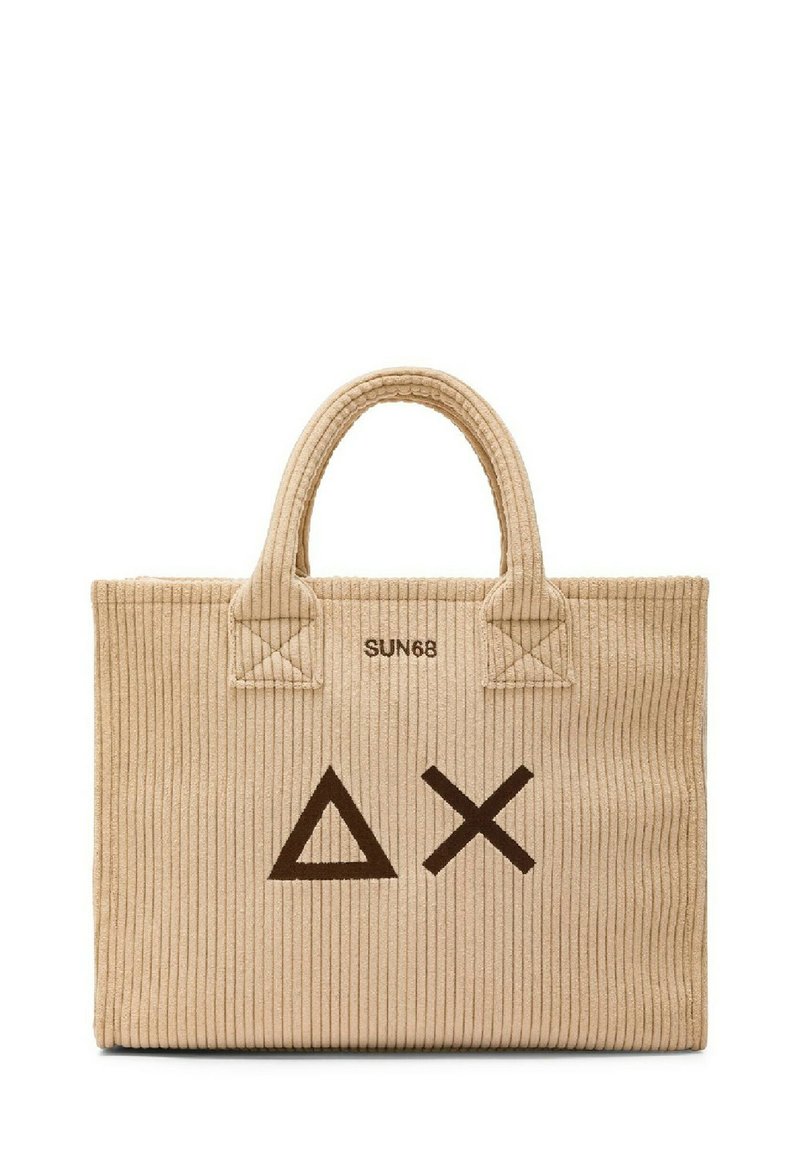 Borsa a tracolla in corduroy beige con due manici testurizzati, caratterizzata da un logo geometrico marrone e la scritta "SUN68" stampata sopra.