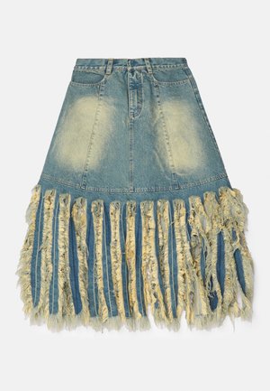 MIDI MONSTER FRINGED SKIRT - Farkkuhame - denim blue rust yellow wash