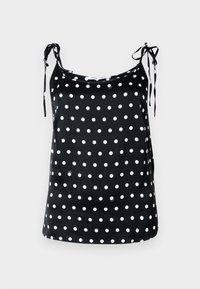 Zwarte mouwloze top met witte polka dots, voorzien van verstelbare bindbandjes en een gladde textuur. Casual ontwerp, rechte zoom.