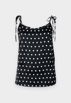 Top preto sem mangas com bolinhas brancas, apresentando alças ajustáveis com laço e textura suave. Design casual, bainha reta.