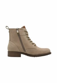 Bottine beige avec bout rond, laçage sur le devant, fermeture éclair latérale, languette de maintien et talon bas empilé.