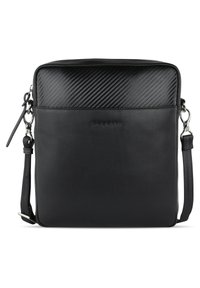 Borsa a tracolla in pelle nera con texture in fibra di carbonio sulla parte superiore, chiusura con zip e tracolla regolabile. Presenta un logo discreto sul davanti.
