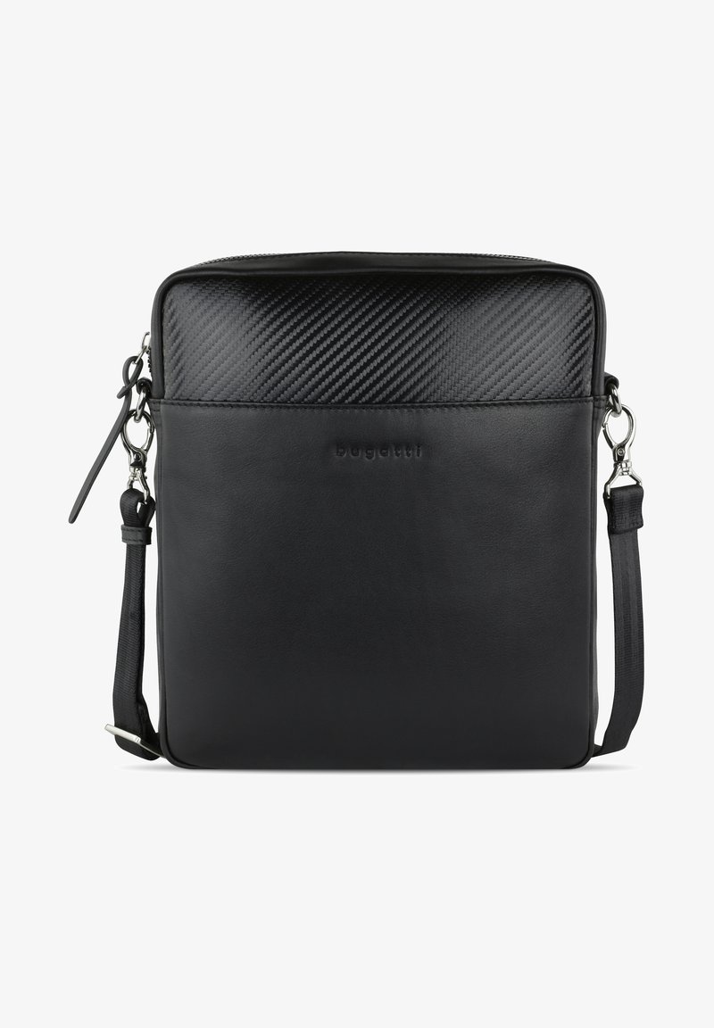 Borsa a tracolla in pelle nera con texture in fibra di carbonio sulla parte superiore, chiusura con zip e tracolla regolabile. Presenta un logo discreto sul davanti.