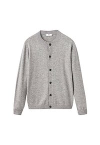 Cardigan gris hecho de tejido de punto suave, con cuello redondo, siete botones negros en el frente y puños y dobladillo de canalé.