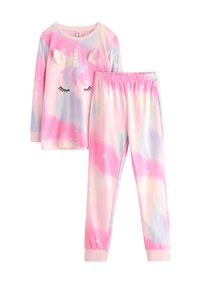 Set di pigiama a tema unicorno realizzato in tessuto morbido. Maglia a maniche lunghe con un gradiente rosa e un design di unicorno in cartone animato; pantaloni con vita elastica.