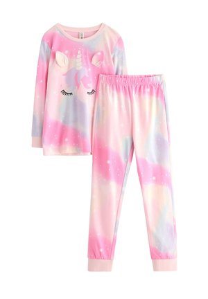 Einhorn-Motiv Pyjama-Set aus weichem Stoff. Langarmoberteil mit einem rosa Farbverlauf und cartoonhaftem Einhorn-Design; Hose mit elastischem Bund.