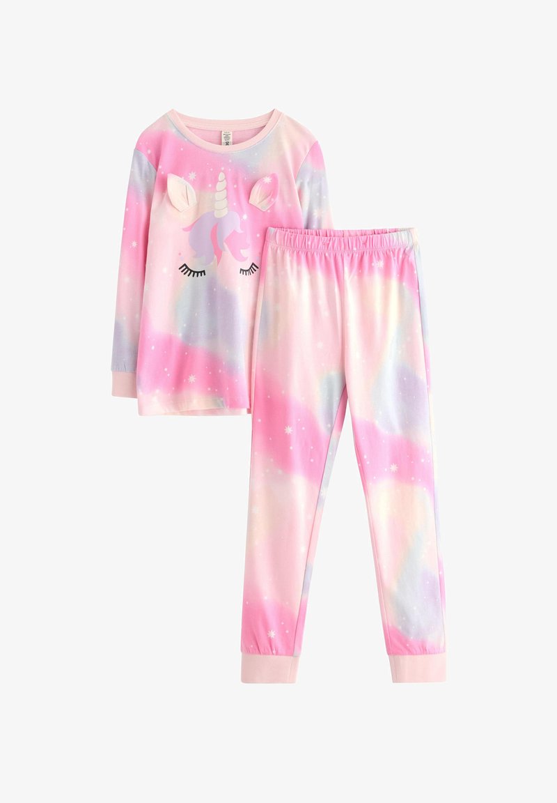 Ensemble de pyjama sur le thème des licornes, fabriqué en tissu doux. Haut à manches longues avec un dégradé rose et un design de licorne en dessin animé ; pantalon avec taille élastique.