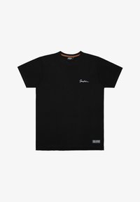 Tricou din bumbac negru cu mâneci scurte, având un logo brodat alb pe piept și un mic eticheta pe tiv. Gât clasic rotund.