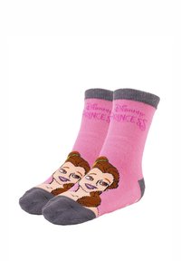 Chaussettes roses avec un design de dessin animé représentant le visage d'un personnage féminin, avec des accents gris sur le bout et le revers, fabriquées en tissu doux.