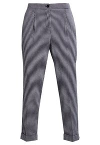 Patterned trousers in navy and white check, made of lightweight fabric. Features pleated front, tapered legs, and cuffed hems.